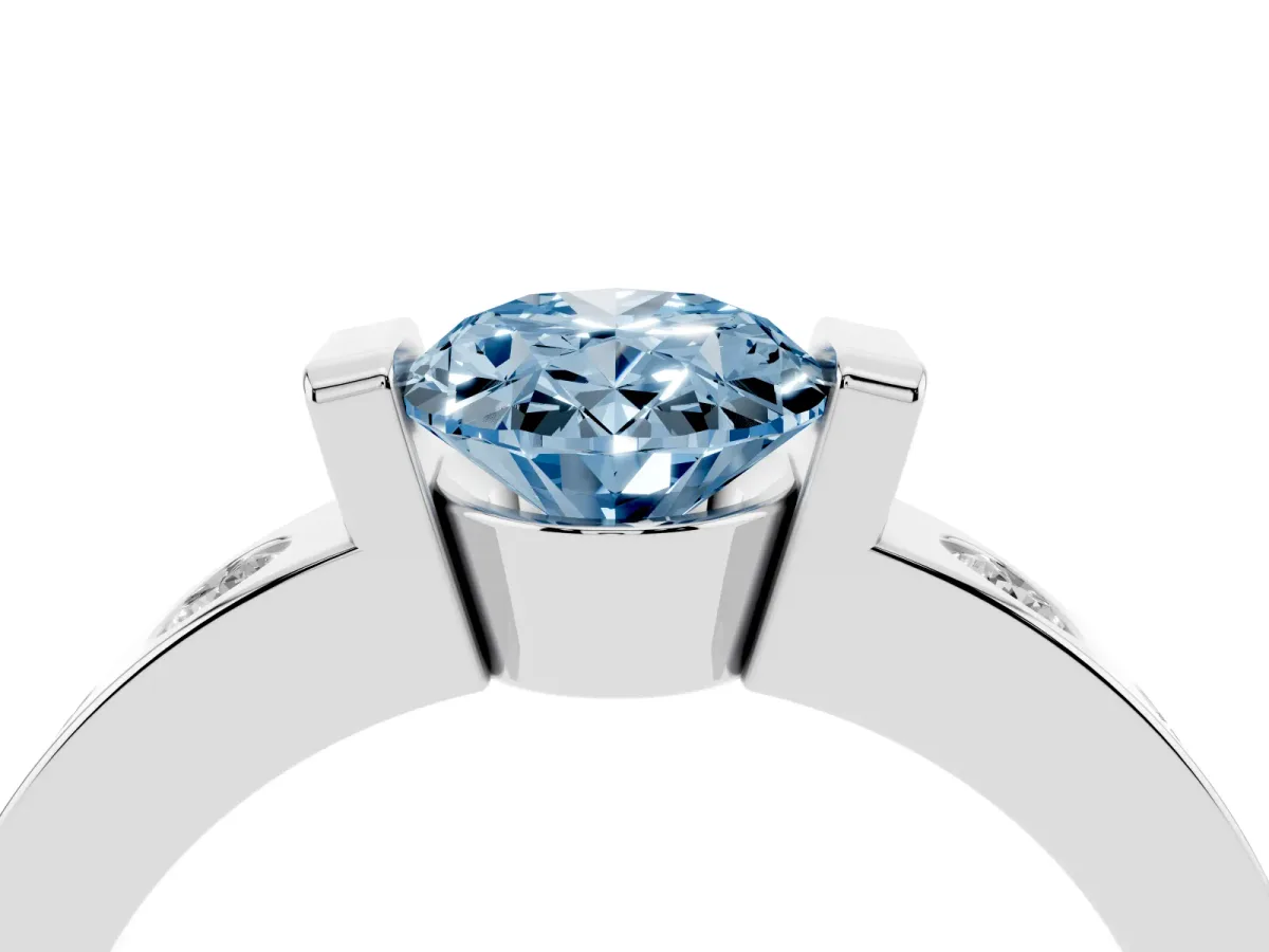Fancy Blue Oval Cut Brilliant Channel-Set Diamond Ring with Bezel Prong Setting Silver