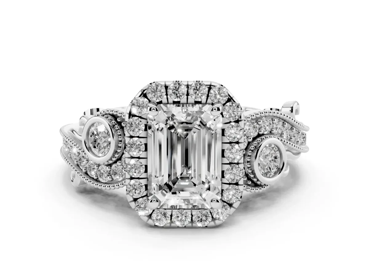 Emerald Cut Diamond Halo Ring with Milgrain Pavé Band and Four-Prong Setting White gold