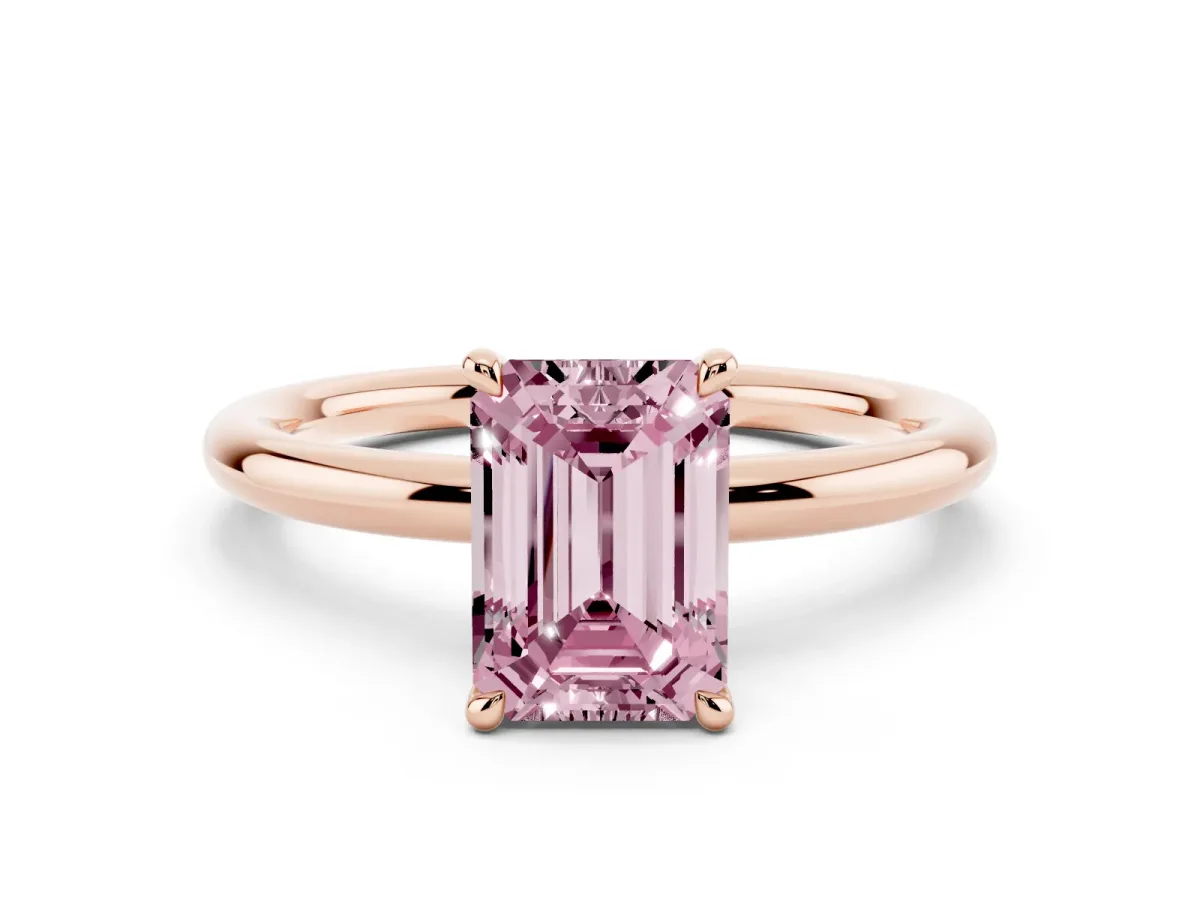 Fancy Pink Emerald Cut Diamond Solitaire Ring with Thin Band and Four-Prong Setting Rose gold