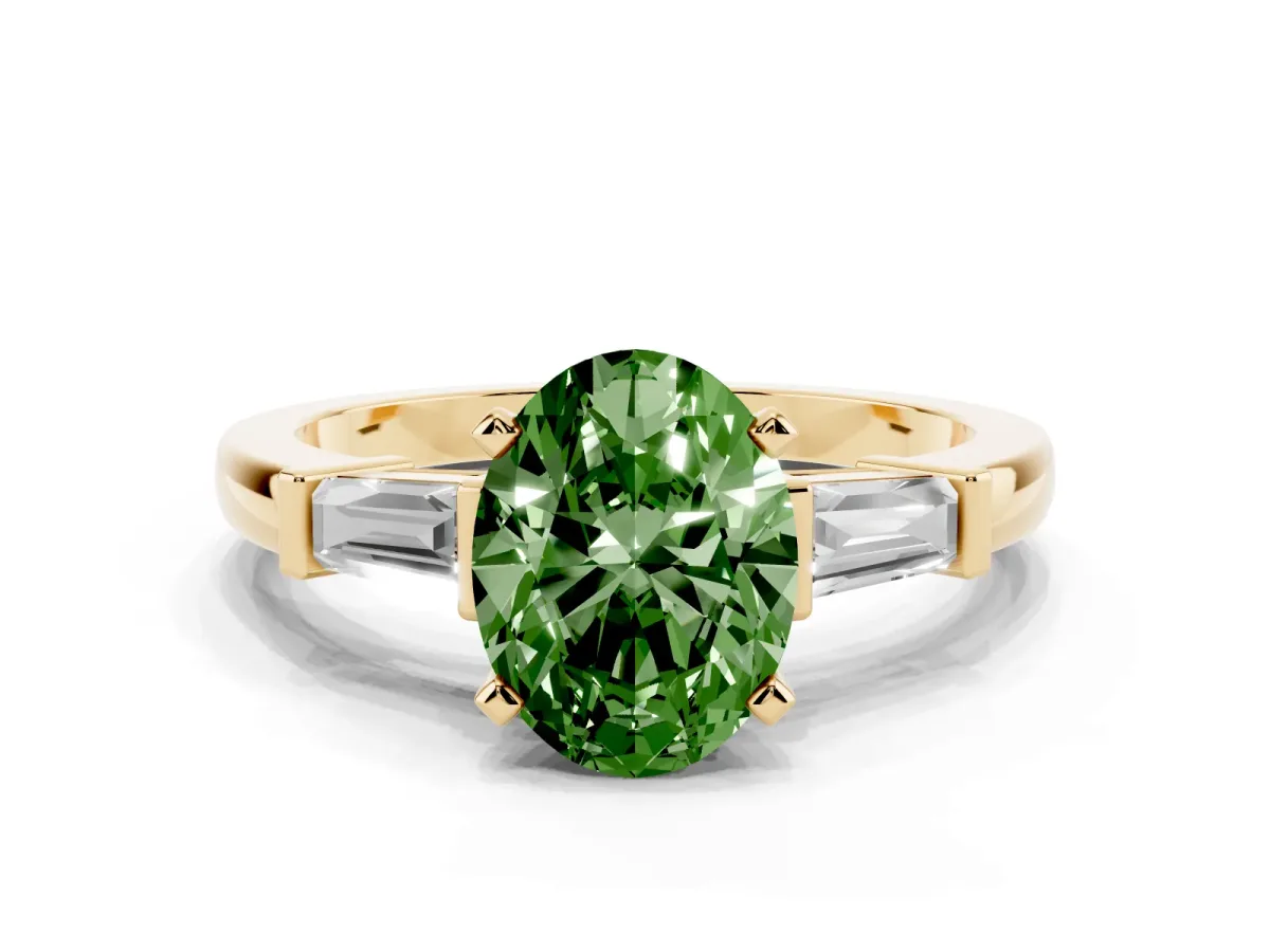 Fancy Green Oval Cut Cut Diamond Solitaire Ring with Tapered Baguette Accents and Four-Prong Setting Yellow gold
