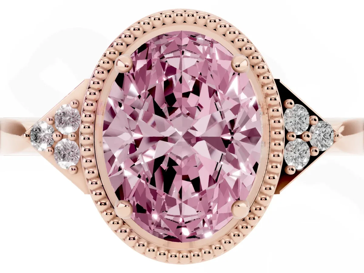 Fancy Pink Hexagonal Halo Oval Cut Diamond Solitaire with Pavé Band and Four-Prong Setting Rose gold