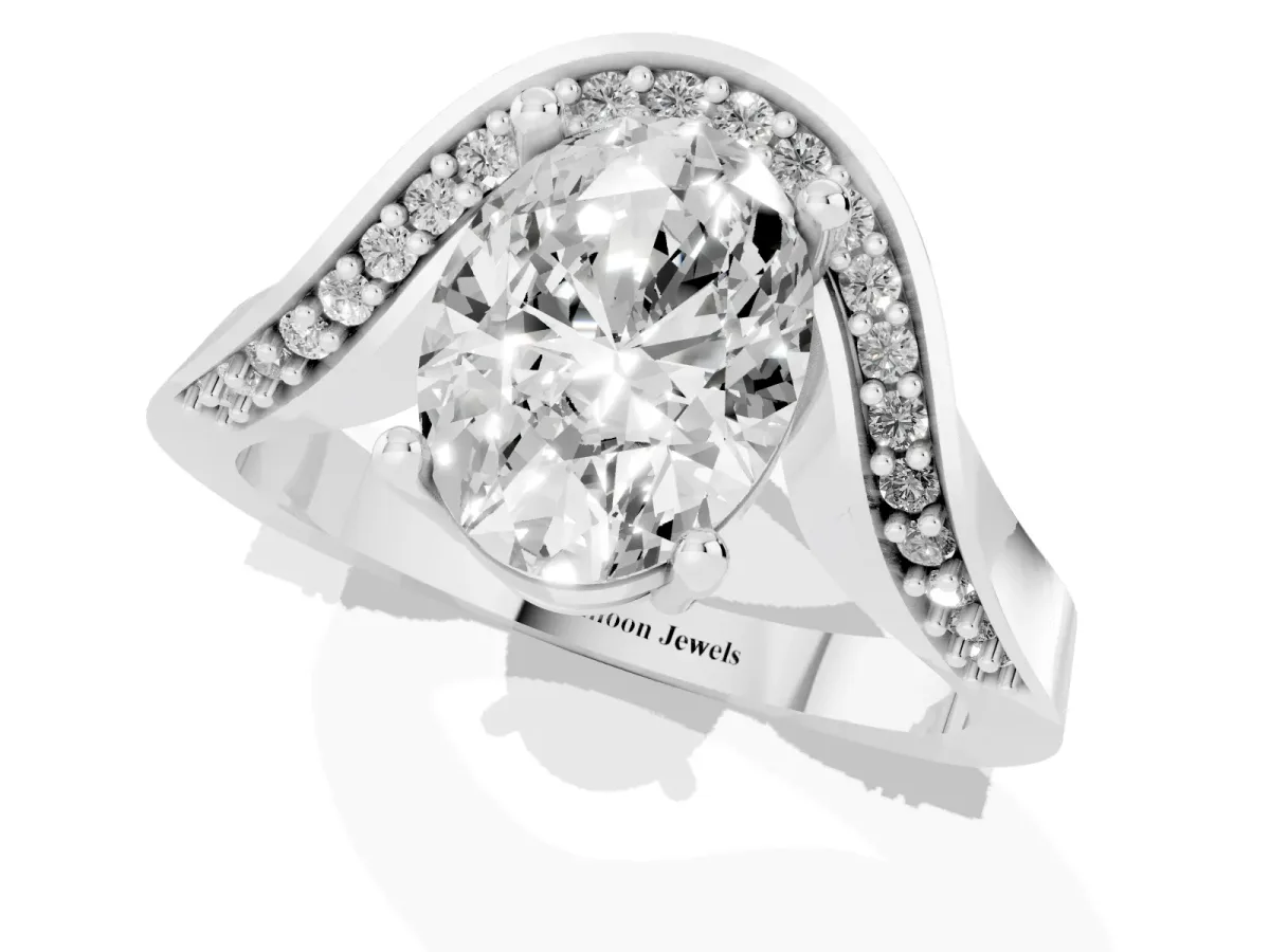 Oval Cut Solitaire Diamond Engagement Ring with Pave Band and Four-Prong Setting Silver