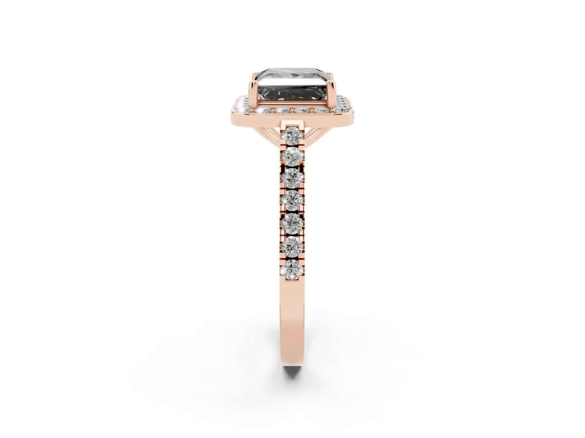 Fancy Black Princess Cut Diamond Halo Ring with Round Pavé Split Shank and Prong Setting Rose gold