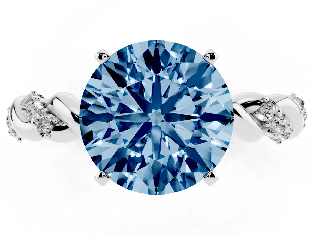 Fancy Blue Round Cut Diamond Solitaire Ring with Twisted Band and Pavé Accents Silver