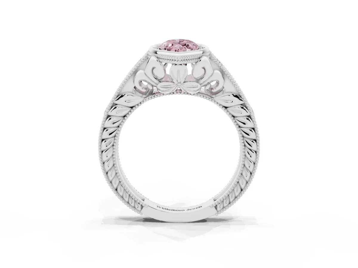 Fancy Pink Bezel Set Marquise Cut Diamond Milgrain Pave Engagement Ring Silver