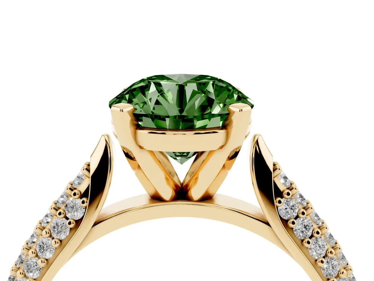 Fancy Green Round Cut Diamond Solitaire Engagement Ring with Multi-Row Round Pavé Band and Prong Setting Yellow gold