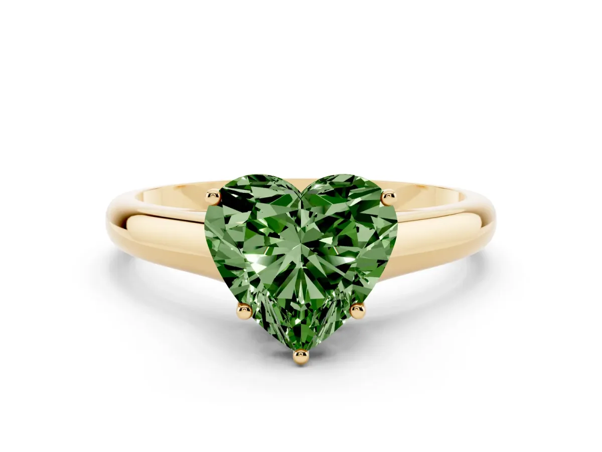 Fancy Green Heart Cut Cut Diamond Solitaire Engagement Ring with Tapered Plain Band and Four-Prong Setting Yellow gold