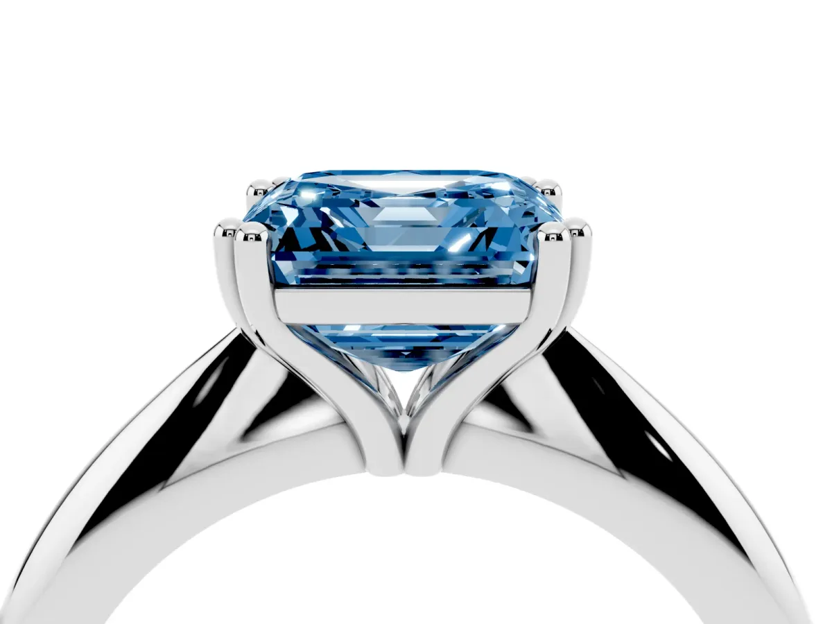 Fancy Blue Asscher Cut Cut Solitaire Engagement Ring with Tapered Band and Four-Prong Setting Platinum