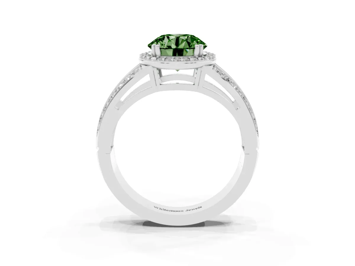 Fancy Green Round Cut Diamond Halo Ring with Split Shank Pavé Band and Four-Prong Setting Platinum