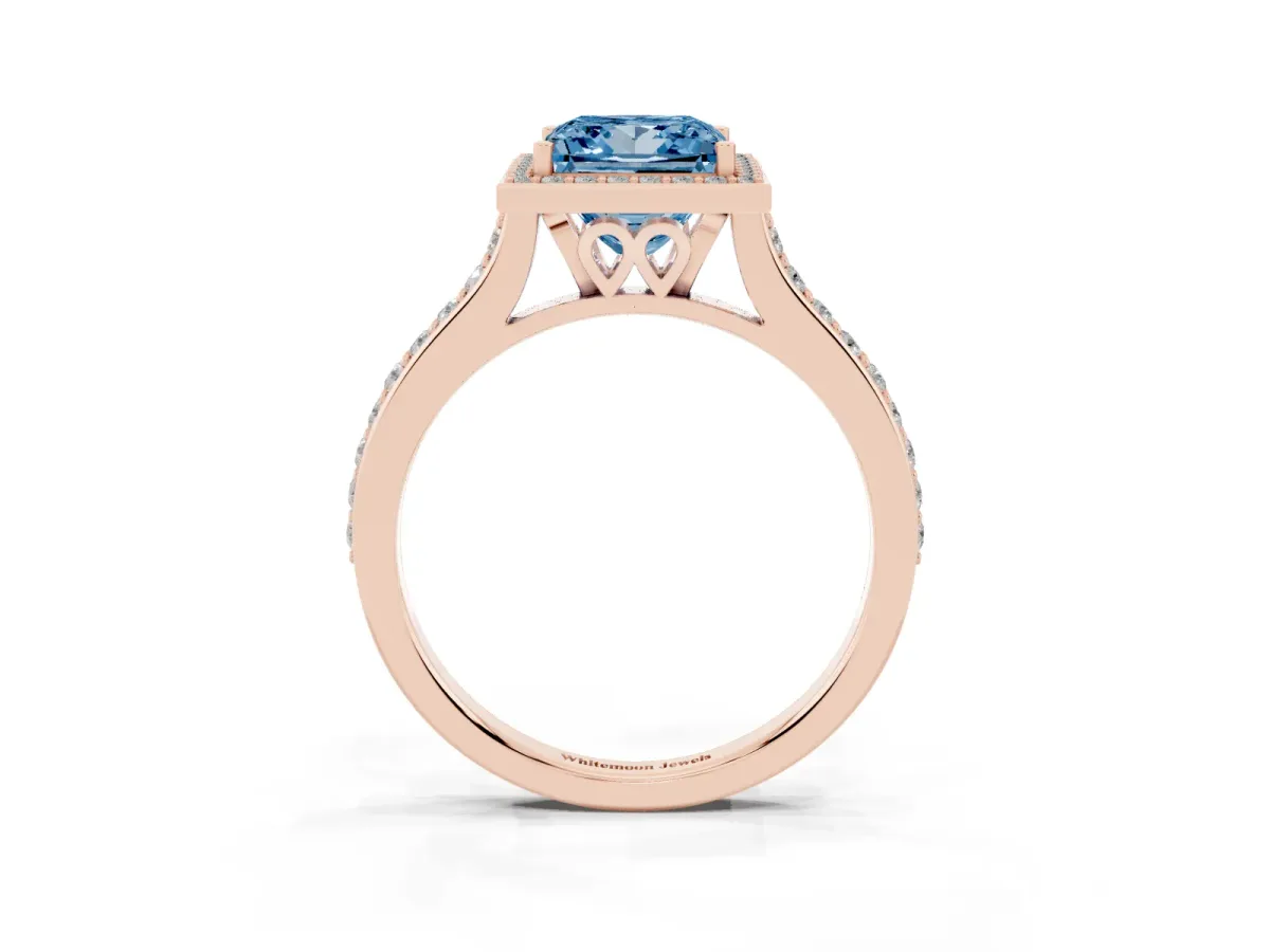 Fancy Blue Princess Cut Diamond Halo Engagement Ring with Round Pavé Shoulders and Prong Setting Rose gold