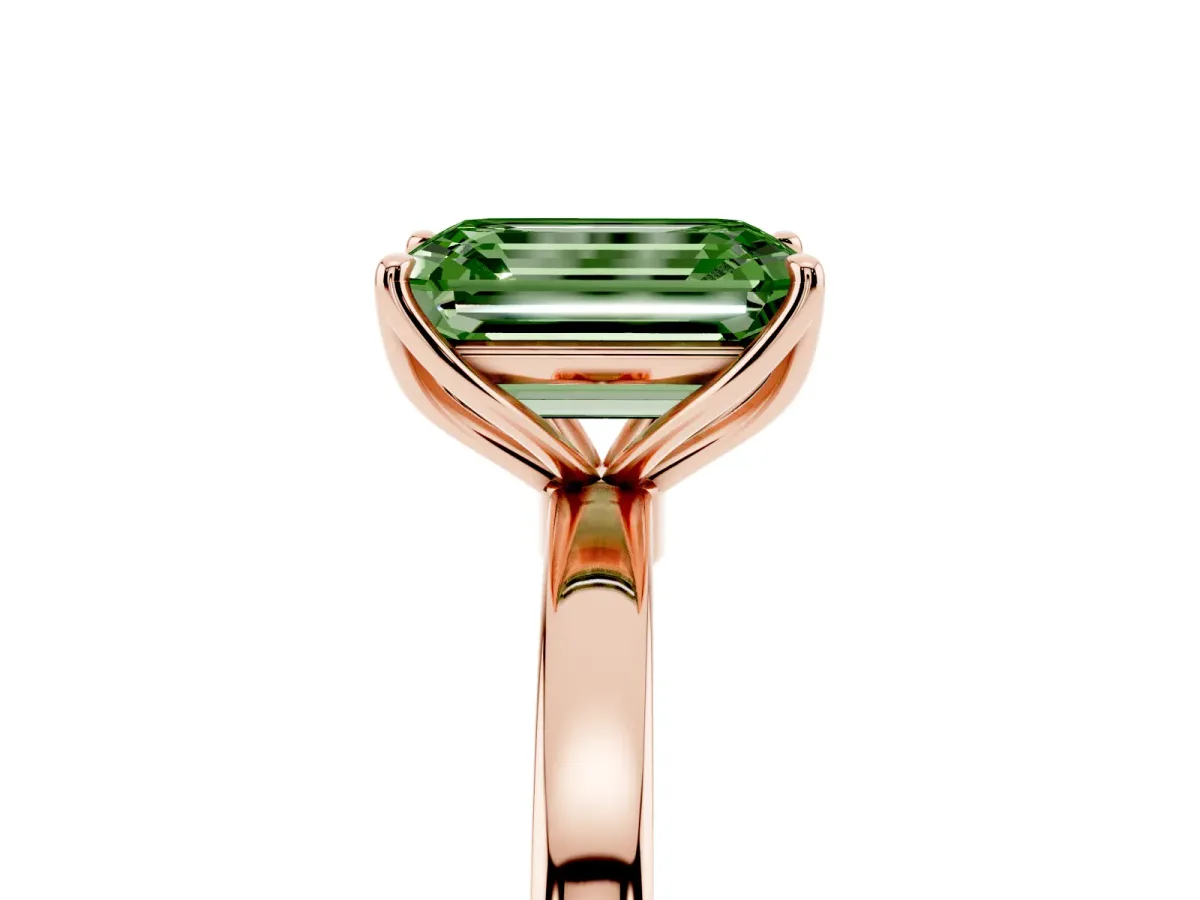 Fancy Green Emerald Cut Diamond Solitaire Ring with Thin Band and Prong Setting Rose gold