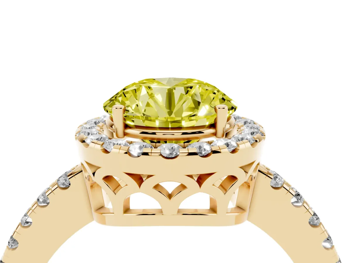 Fancy Yellow Round Cut Halo Diamond Engagement Ring with Pavé Band and Four-Prong Setting Yellow gold