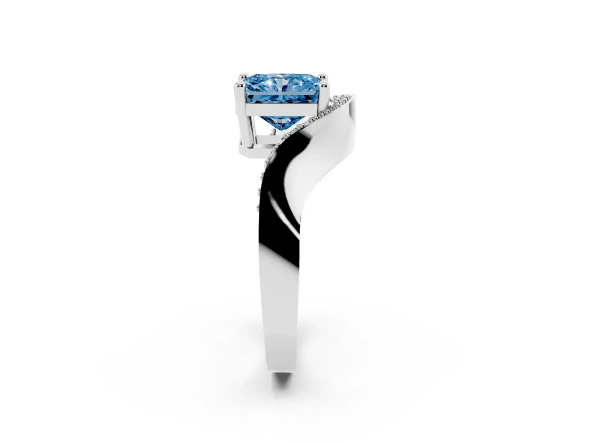Fancy Blue Radiant Cut Solitaire Diamond Engagement Ring with Pave Band and Four-Prong Setting Platinum