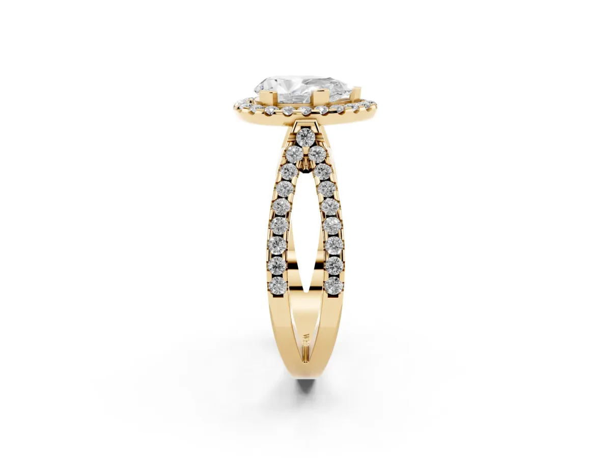 Pear Cut Diamond Halo Ring with Split Shank Pavé Band and Prong Setting Yellow gold