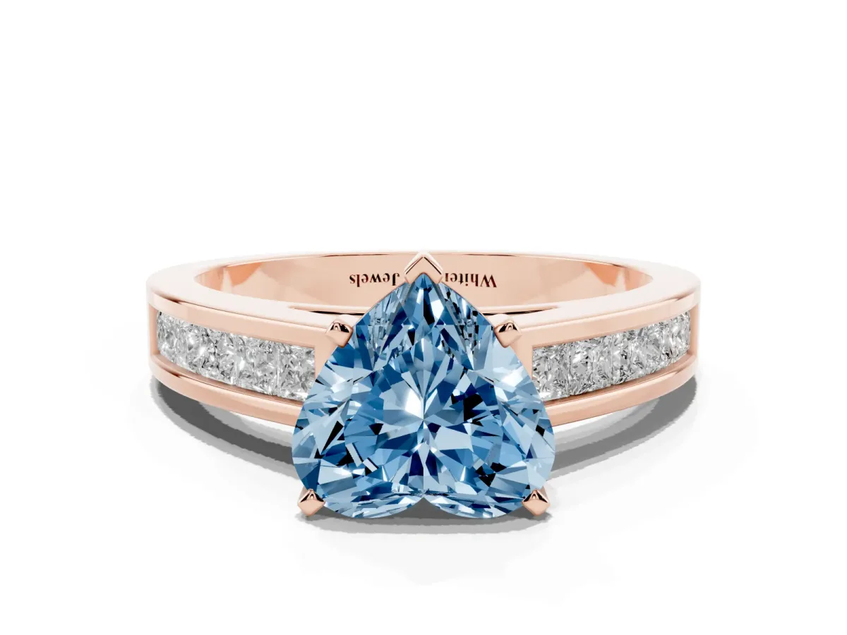 Fancy Blue Heart Cut Solitaire Diamond Ring with Channel-Set Band and Four-Prong Setting Rose gold