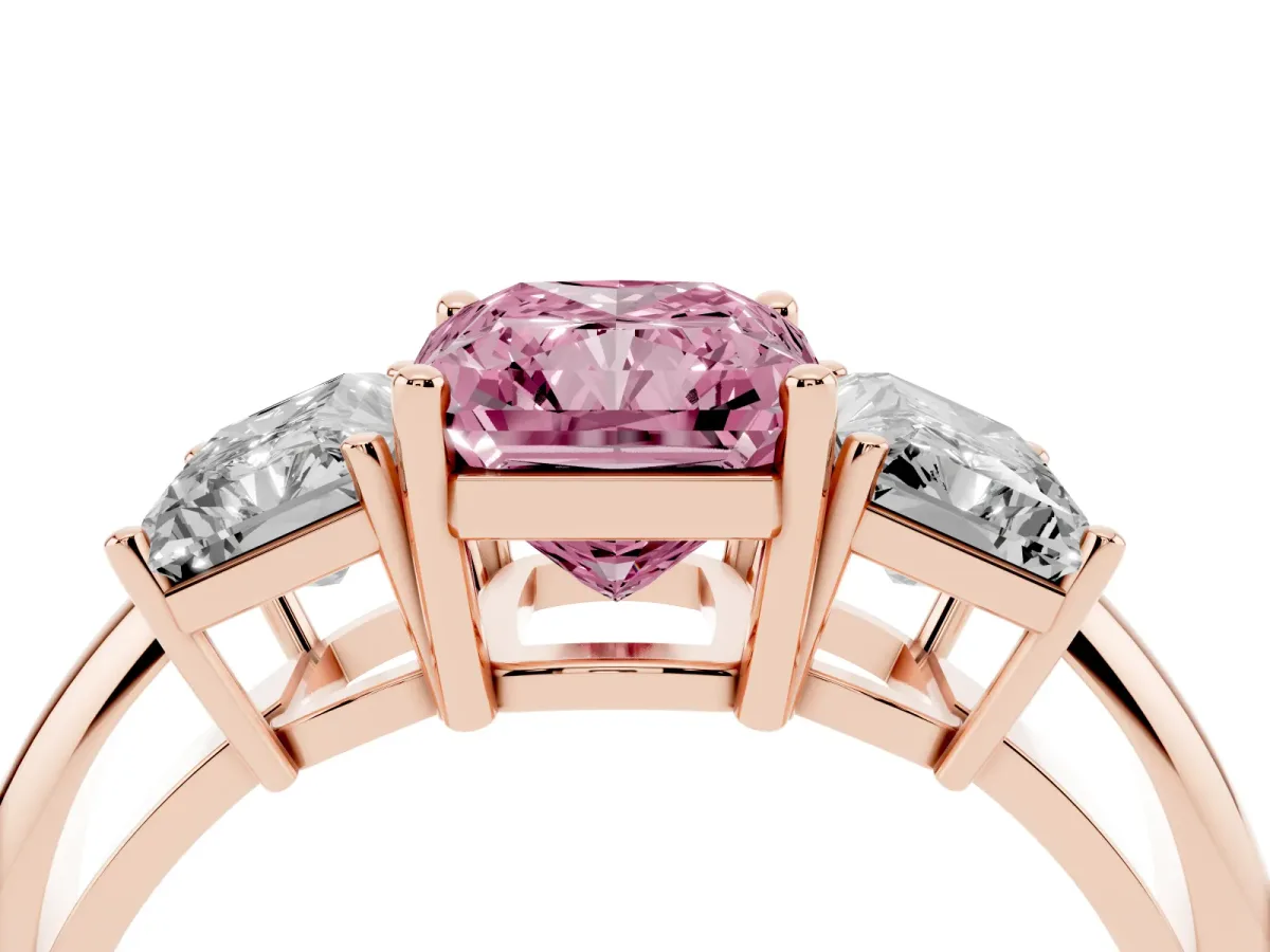 Fancy Pink Three-Stone Radiant Cut Cut Diamond Engagement Ring with Prong Setting on a White Gold Band Rose gold