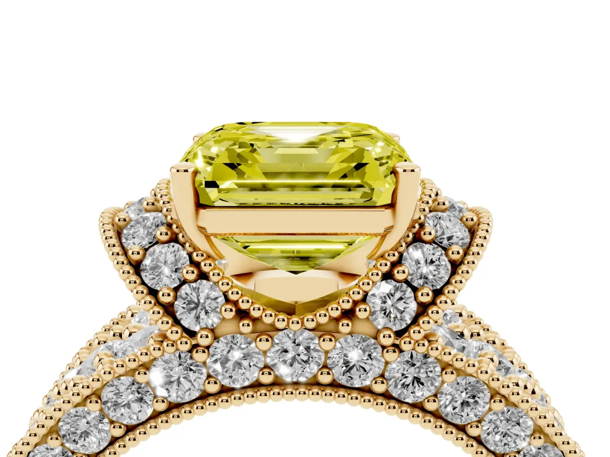 Fancy Yellow Asscher Cut Halo Pave Diamond Engagement Ring with Milgrain Detailing Yellow gold