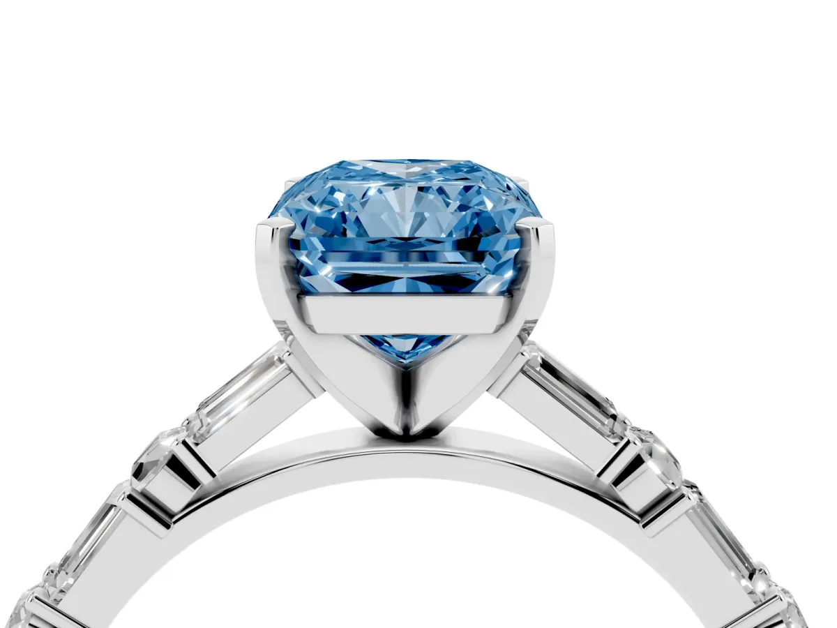 Fancy Blue Radiant Cut Diamond Solitaire with Side Baguettes and Channel Set Band Silver