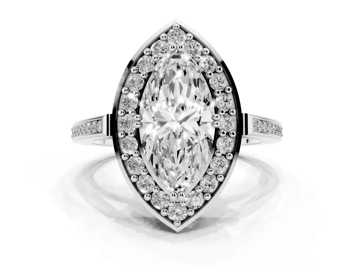 Marquise Cut Diamond Halo Ring with Split Shank and Four-Prong Setting Silver