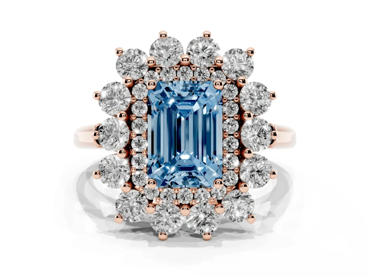 Fancy Blue Emerald Cut Diamond Floral Double Halo Engagement Ring with Prong Setting Rose gold