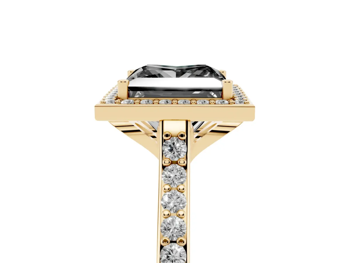 Fancy Black Princess Cut Diamond Halo Engagement Ring with Round Pavé Shoulders and Prong Setting Yellow gold
