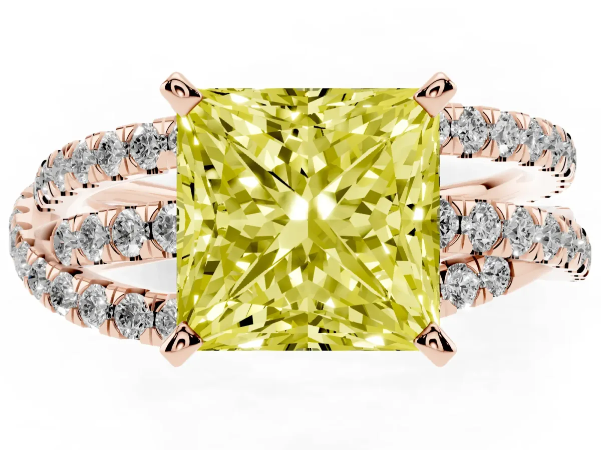 Fancy Yellow Princess Cut Solitaire Twist Band with Pavé Setting and Four-Prong Setting Rose gold