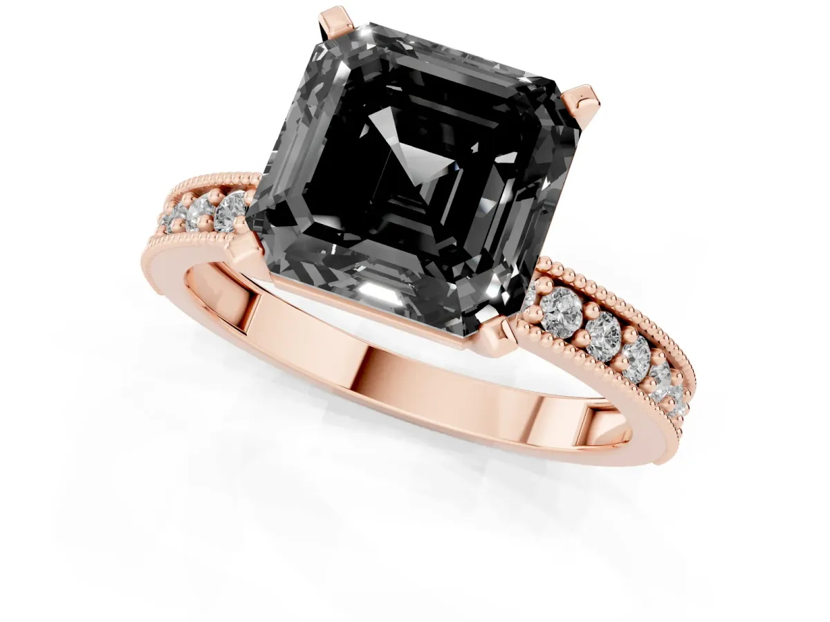 Fancy Black Asscher Cut Diamond Milgrain Pavé Engagement Ring with Four-Prong Setting Rose gold