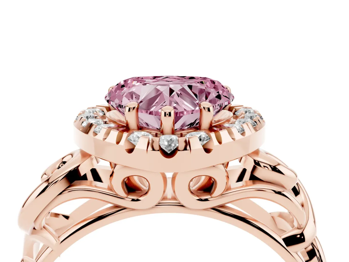 Fancy Pink Heart Cut Cut Halo Diamond Ring with Scrollwork Band and Four-Prong Setting Rose gold
