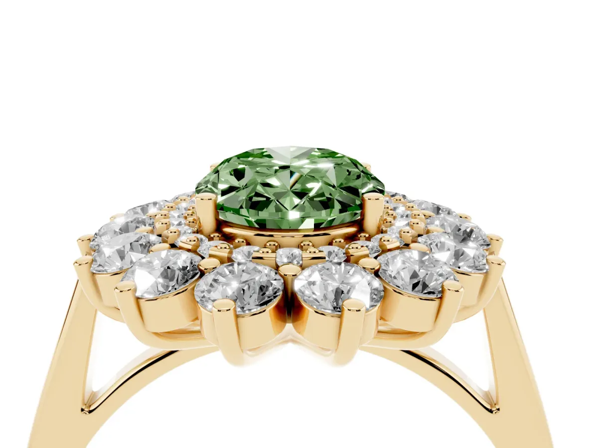 Fancy Green Oval Cut Diamond Floral Double Halo Engagement Ring with Prong Setting Yellow gold