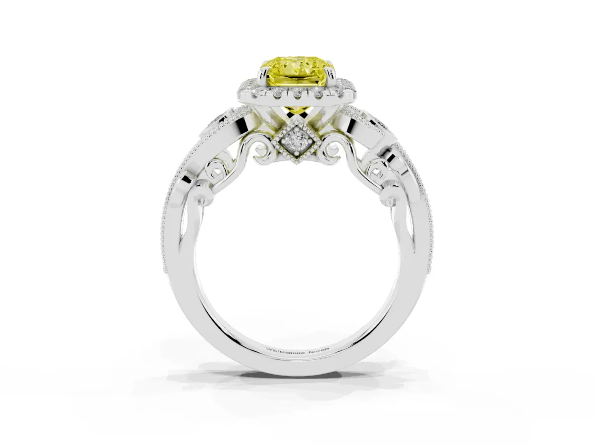 Fancy Yellow Radiant Cut Diamond Halo Ring with Milgrain Pavé Band and Four-Prong Setting Silver