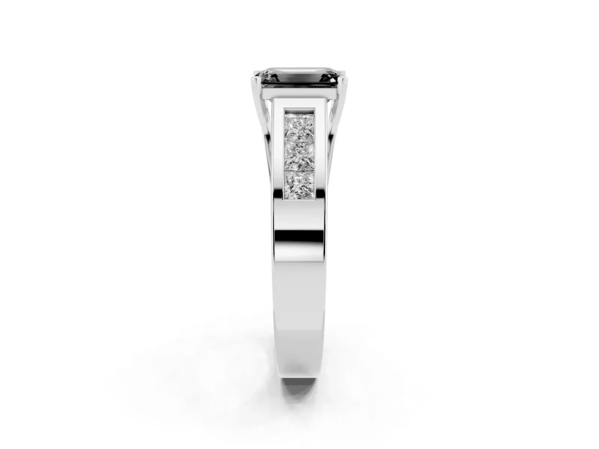 Fancy Black Emerald Cut Cut Channel Set Solitaire Ring with Four-Prong Setting White gold