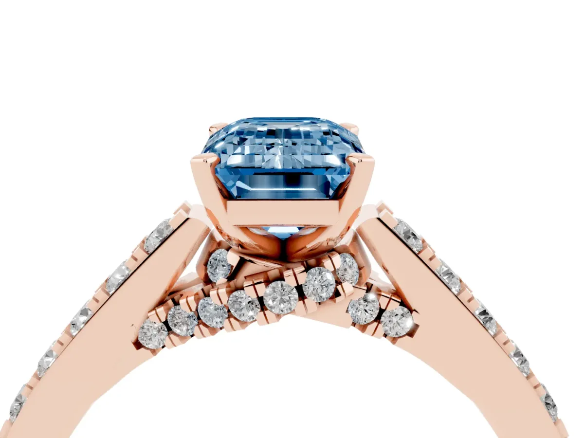 Fancy Blue Emerald Cut Diamond Solitaire Ring with Crossover Gallery and Round Pavé Band Rose gold