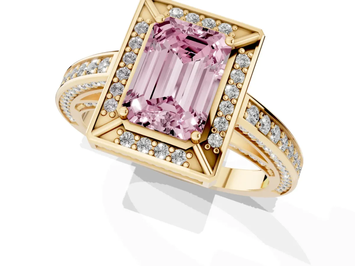 Fancy Pink Emerald Cut Cut Halo Pave Split Shank Prong Setting Ring Yellow gold