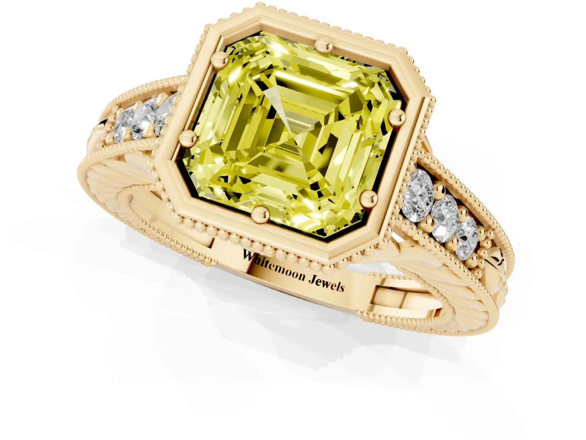 Fancy Yellow Bezel Set Asscher Cut Diamond Milgrain Pave Engagement Ring Yellow gold