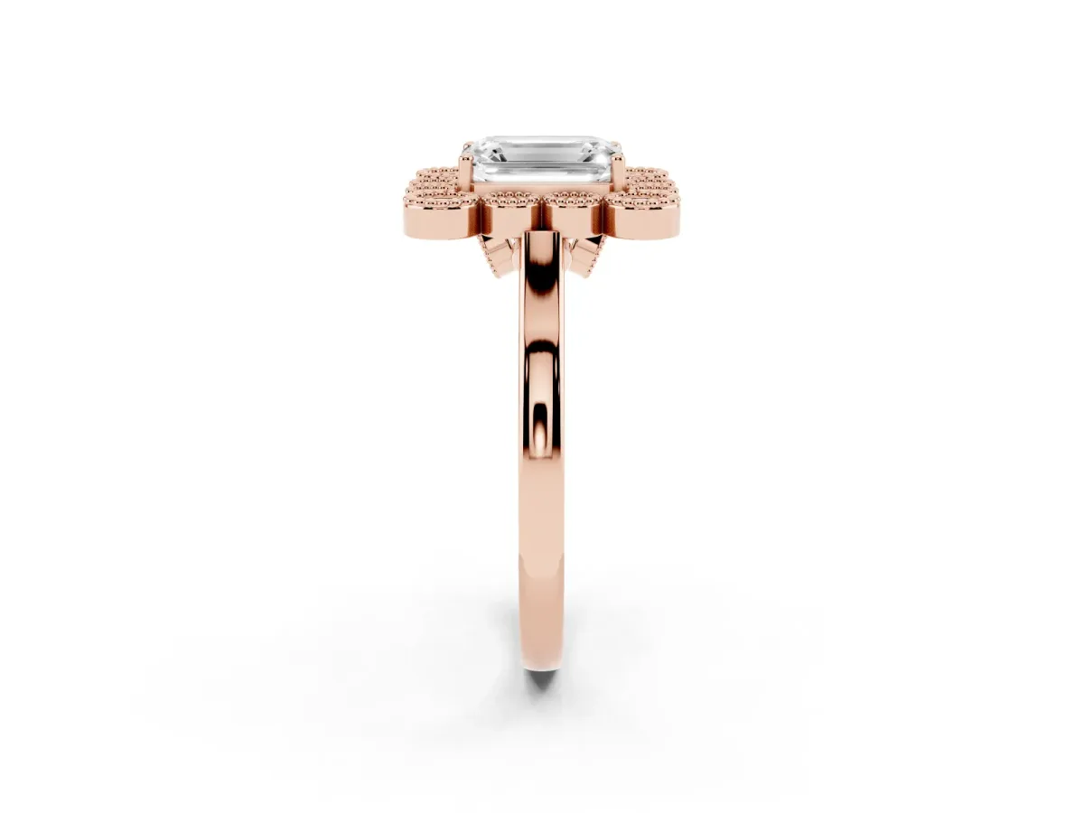 Emerald Cut Halo Diamond Cluster Engagement Ring with Milgrain Bezel Setting and Solitaire Band Rose gold