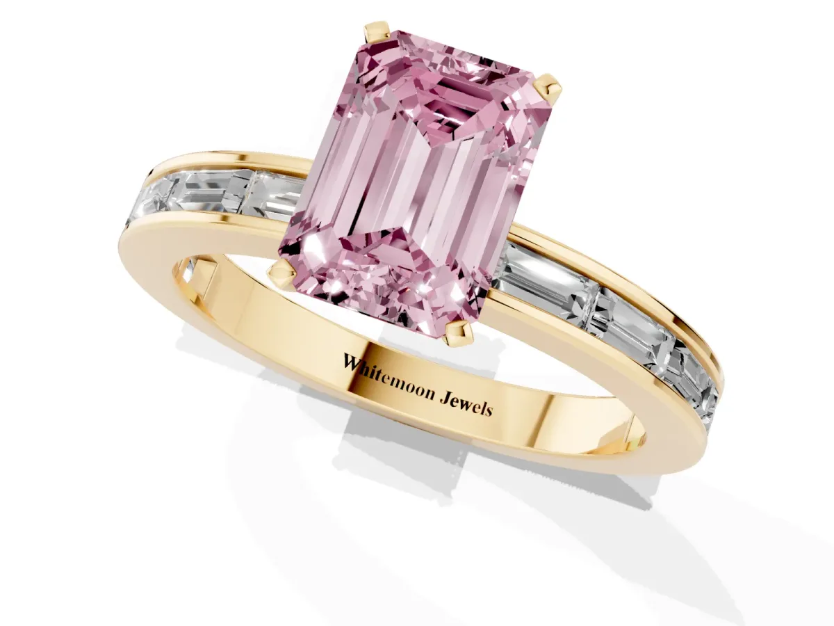 Fancy Pink Emerald Cut Solitaire Diamond Ring with Channel-Set Baguette Band and Four-Prong Setting Yellow gold