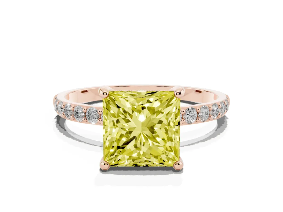Fancy Yellow Princess Cut Diamond Solitaire Ring with Round Pavé Band and Prong Setting Rose gold