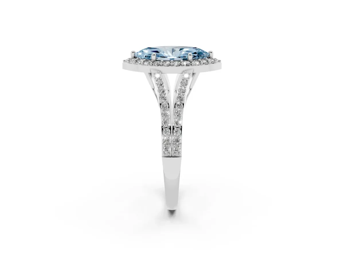 Fancy Blue Marquise Cut Halo Split Shank Diamond Ring with Prong Setting Silver