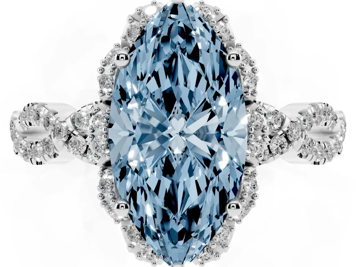 Fancy Blue Marquise Cut Halo Twist Band Solitaire Ring with Six-Prong Setting Silver