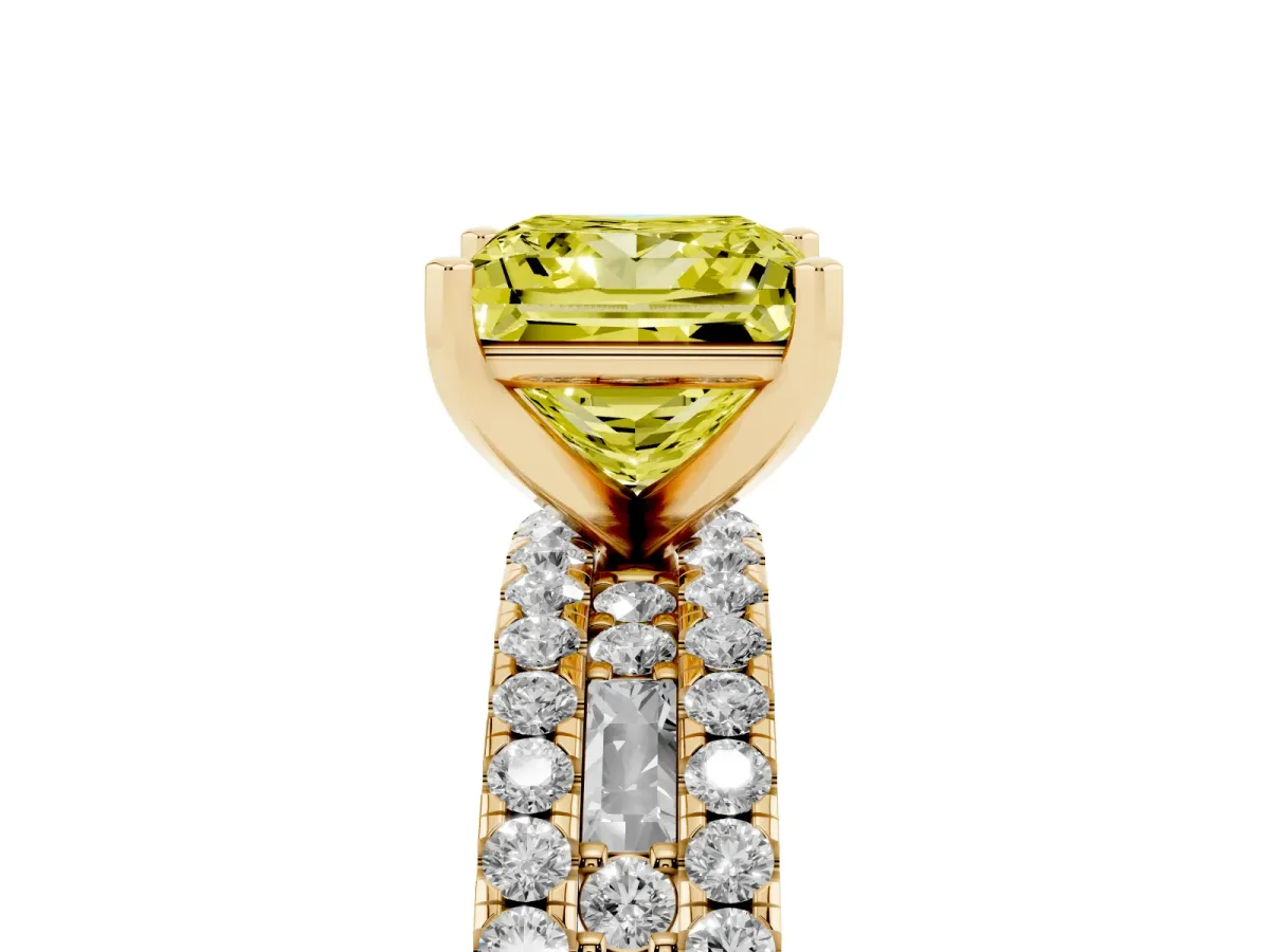 Fancy Yellow Princess Cut Diamond Solitaire Ring with Pavé and Channel Set Band Yellow gold