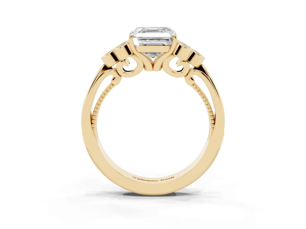 Asscher Cut Cut Diamond Engagement Ring with Bezel Set Round Side Stones and Prong Setting Yellow gold
