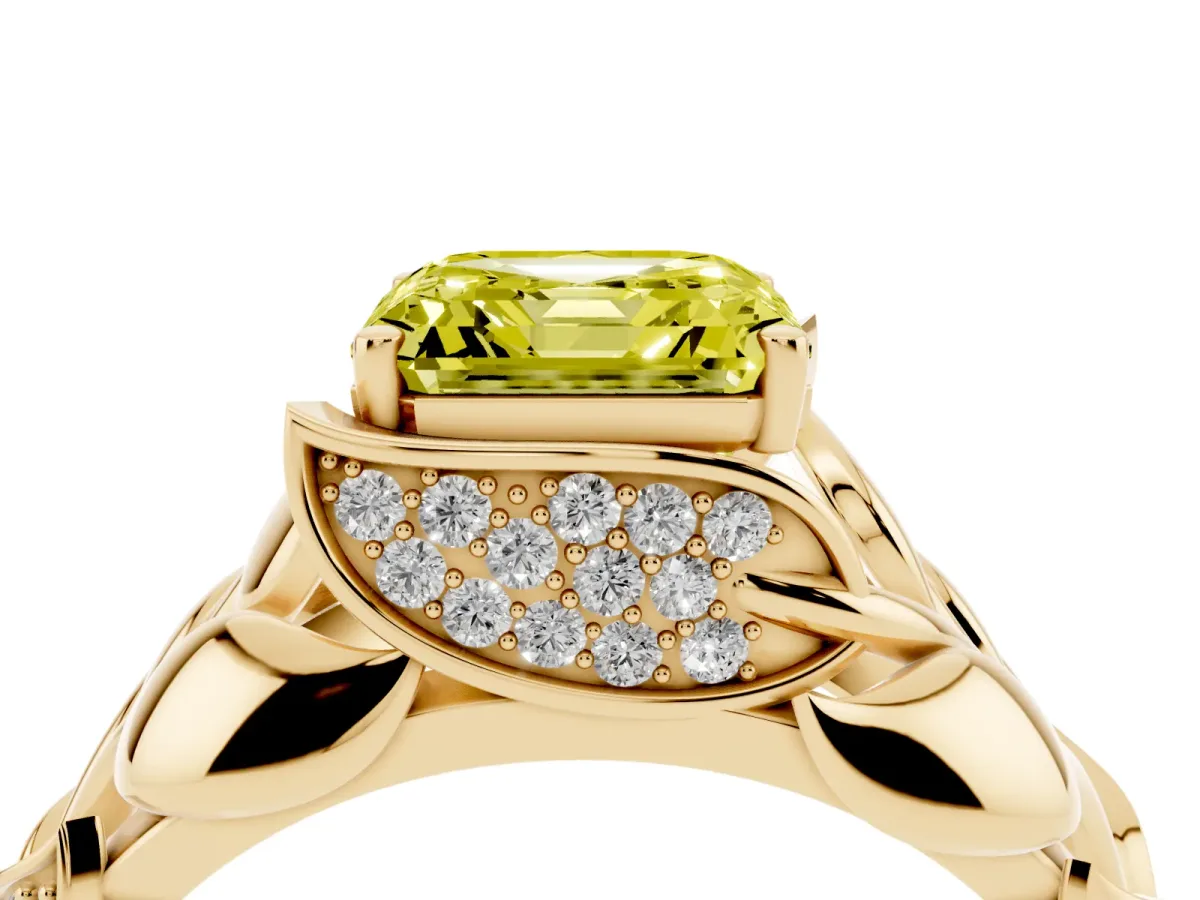 Fancy Yellow Asscher Cut Diamond Leaf-Inspired Engagement Ring with Round Accents and Prong Setting Yellow gold