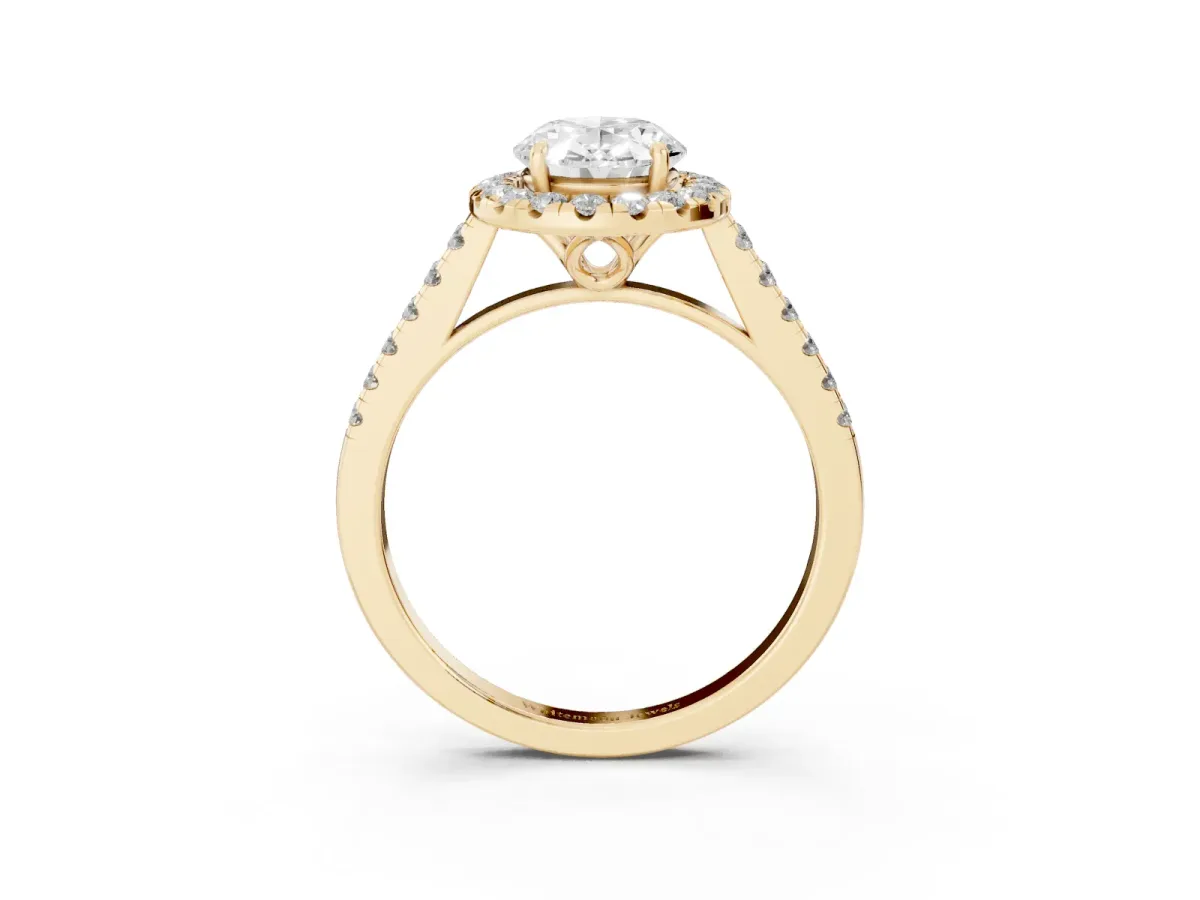 Oval Cut Halo Pavé Diamond Engagement Ring with Four-Prong Setting Yellow gold