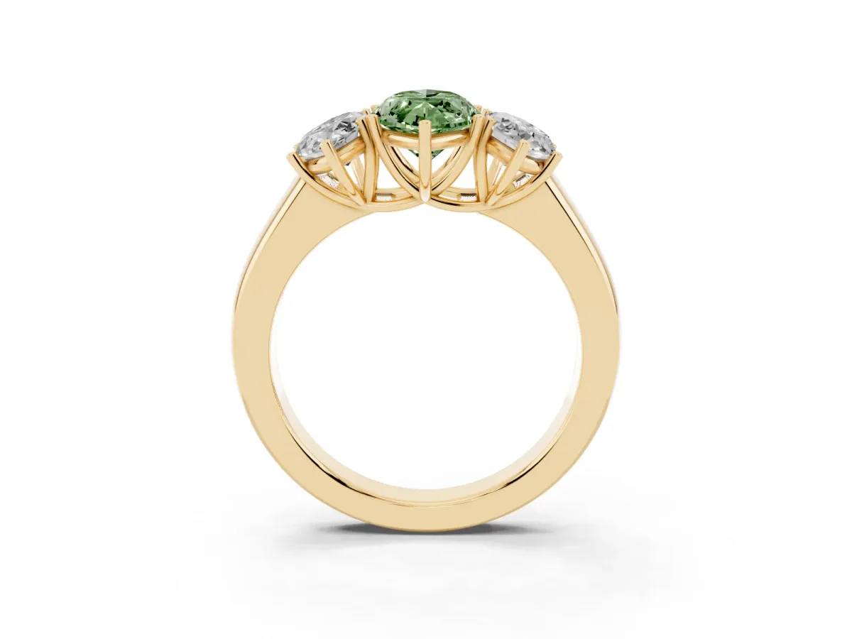 Fancy Green Three-Stone Marquise Cut Cut Diamond Ring with Prong Setting and Classic Band Yellow gold