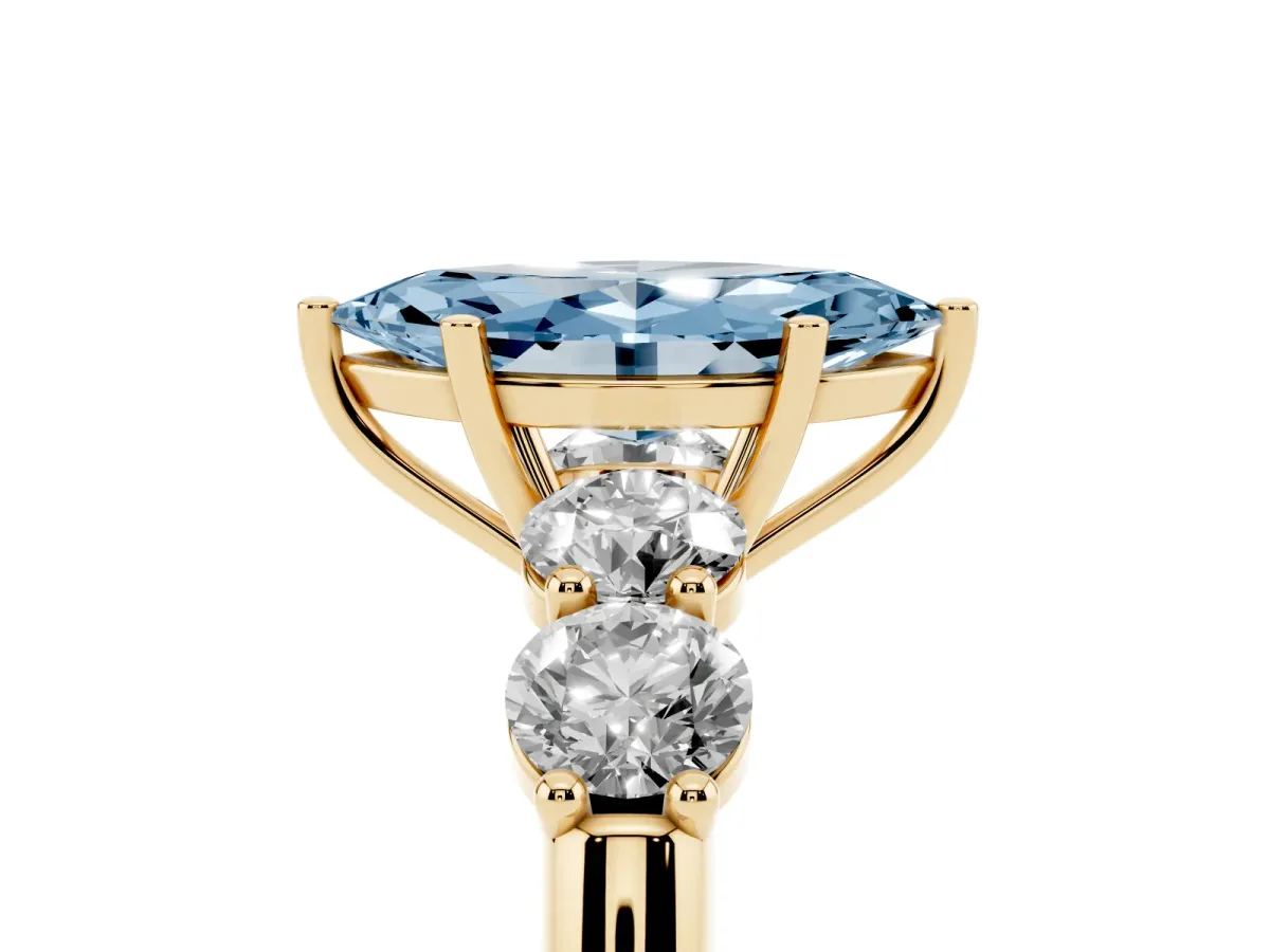 Fancy Blue Marquise Cut Cut Five-Stone Prong Set Diamond Ring with Classic Band Yellow gold
