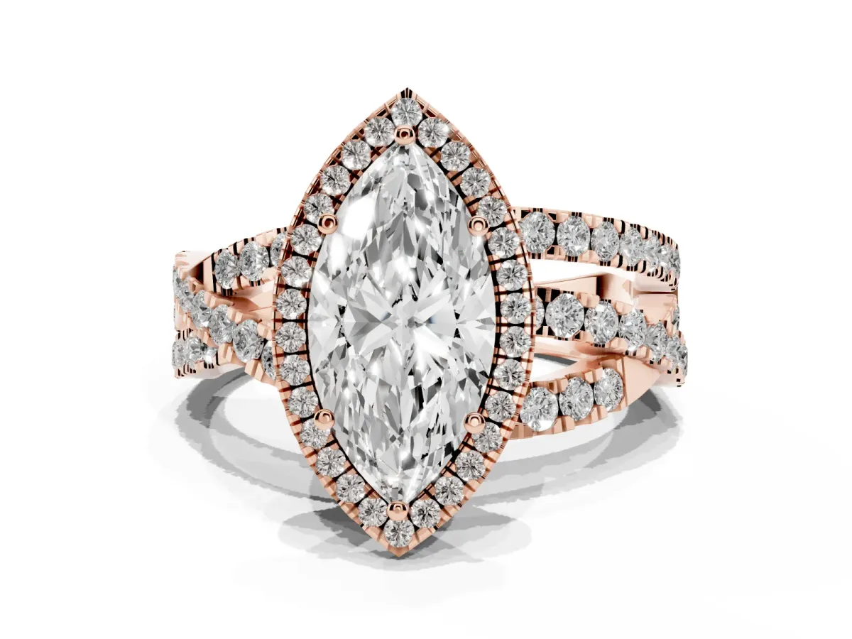 Marquise Cut Diamond Halo Ring with Round Split Shank and Prong Setting Rose gold