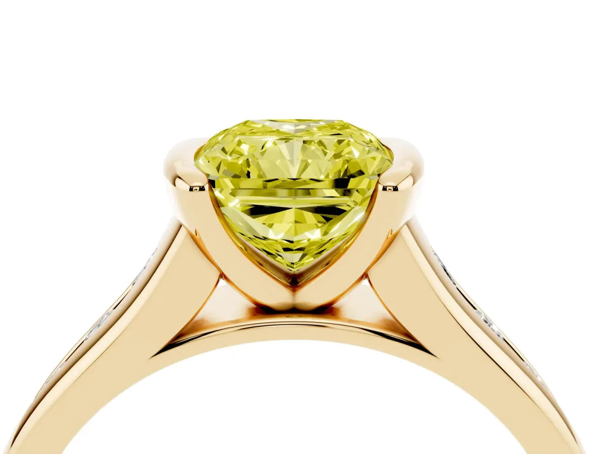 Fancy Yellow Radiant Cut Solitaire Bezel-Set Diamond Ring with Channel-Set Band Yellow gold