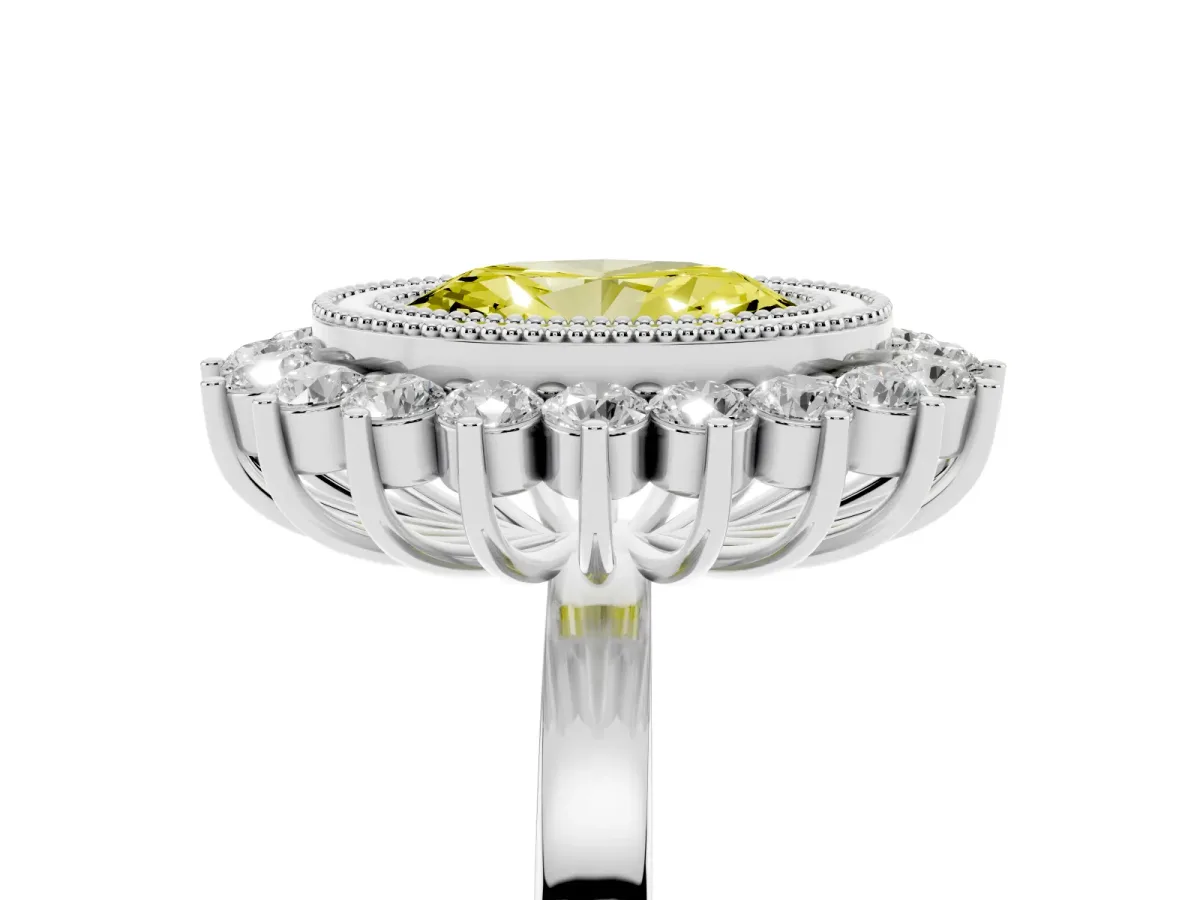 Fancy Yellow Oval Cut Halo Diamond Ring with Milgrain Edge and Round Prong Setting Silver
