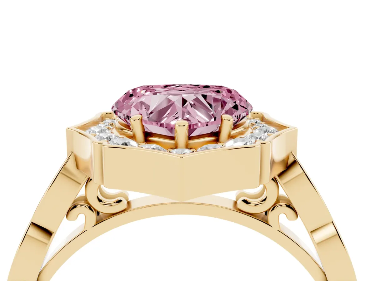 Fancy Pink Heart Cut Halo Diamond Engagement Ring with Milgrain Band and Four-Prong Setting Yellow gold