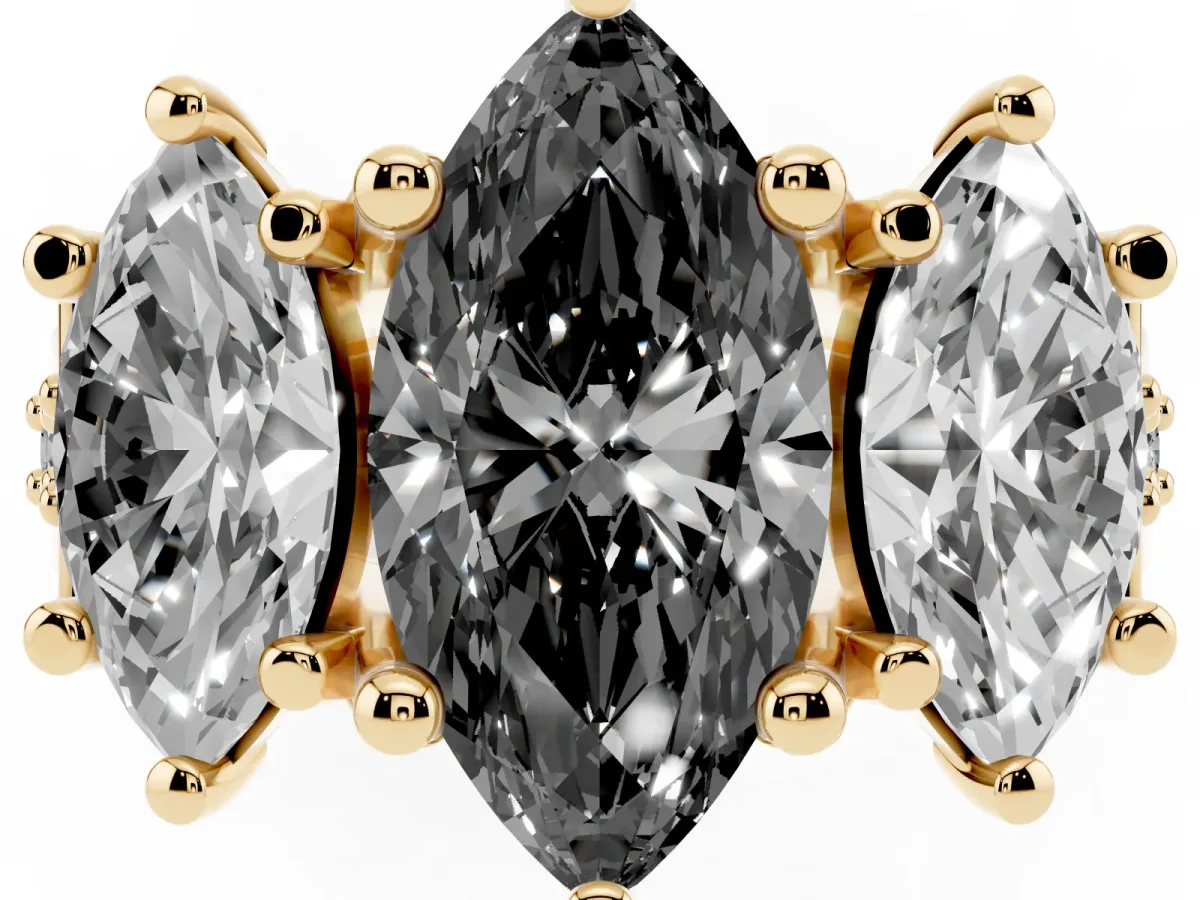 Fancy Black Marquise Cut Diamond Three-Stone Ring with Channel Set Band and Four-Prong Setting Yellow gold